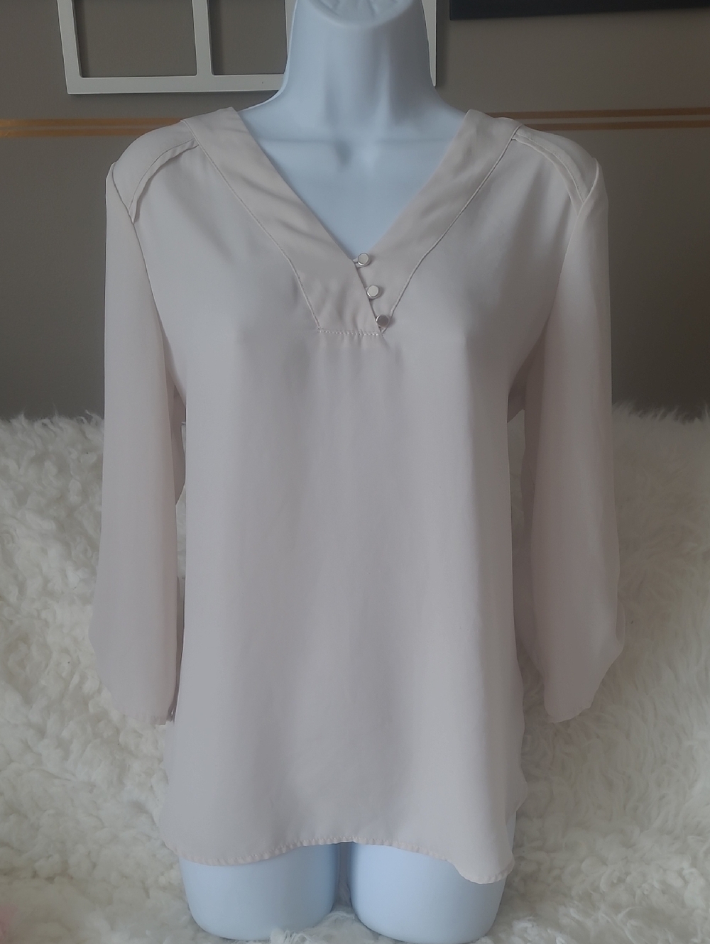 Light Cream V-Neck Blouse with Decorative Buttons